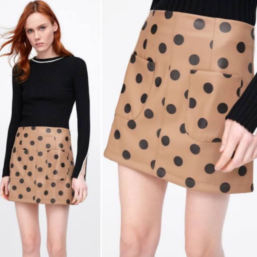 ZARA LEATHER  Polka Dot Tan mini Skirt blogger favorite